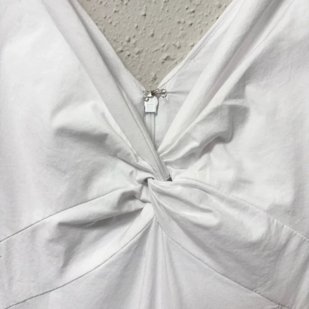 STAUD Finely Twisted Front Midi Dress Classic White V-Neck Puff Sleeve, Size 8 - Picture 3 of 14